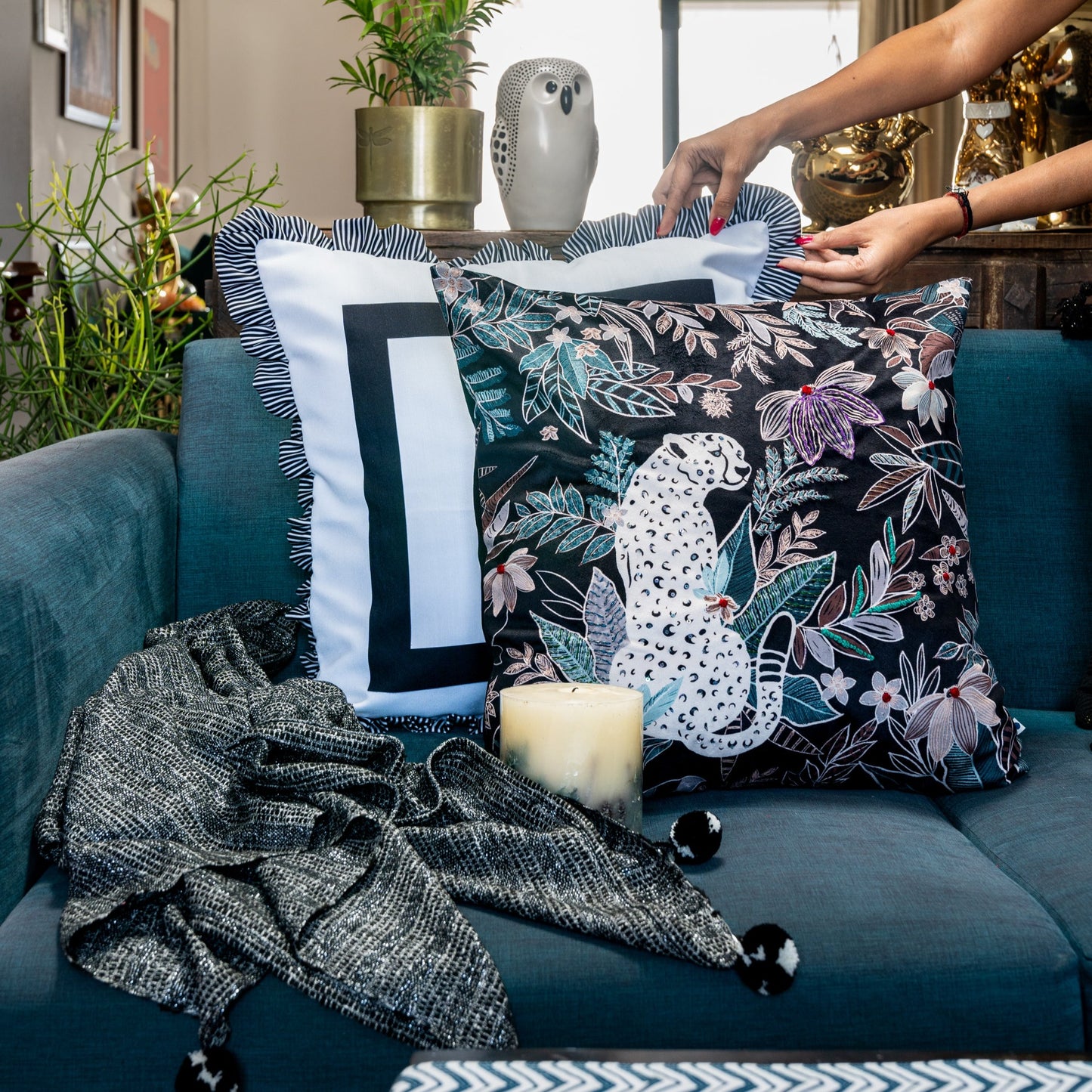 Safari embroidered Velvet Cushion