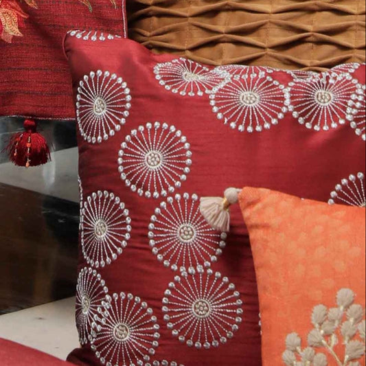 Mandala Maroon Embroidered Cushion Cover