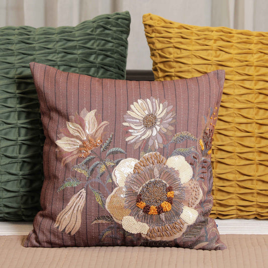 Rosette Brown Chenille Cushion Cover