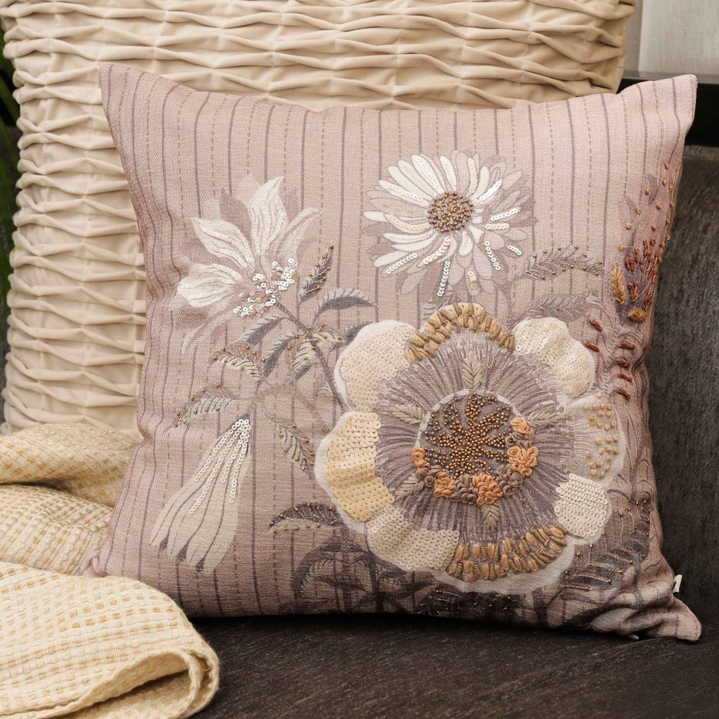 Rosette Beige Chenille Cushion Cover