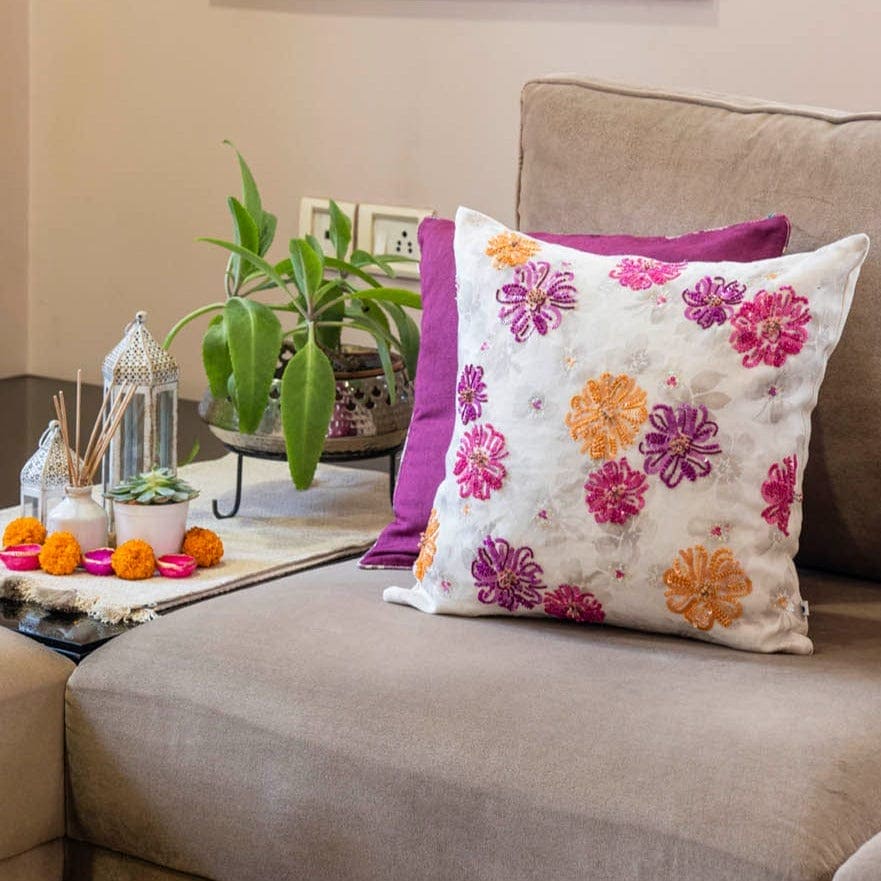 Sequinned Floral Cushion Cover