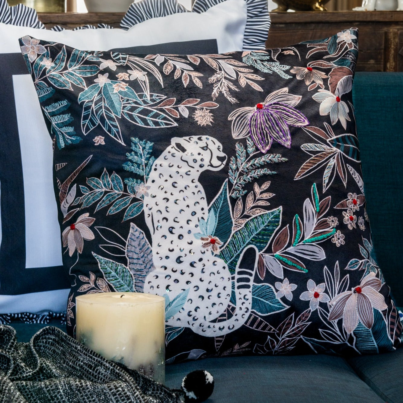 Safari embroidered Velvet Cushion