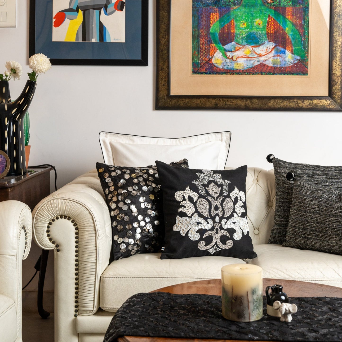 Silver Elegance Embroidered Cushion