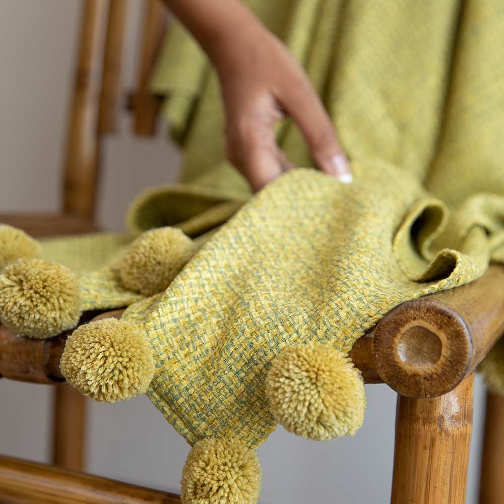 Pom Pom Yellow Plush Throw Luxury Throw - Main Image